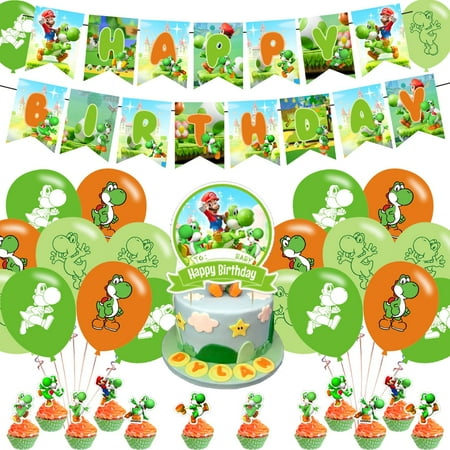 PINUO Yoshi Birthday PriNst Party Supplies - Mario Yoshi Decorations Pack with Banner, Cake Topper, 18 Balloons, 12 Cupcake Toppers - Red, Green