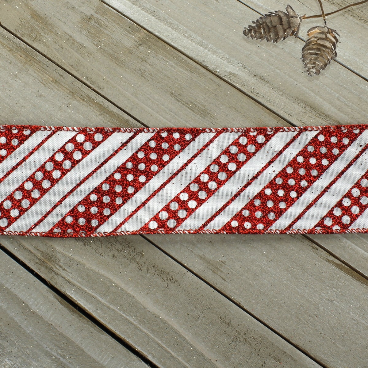 Ribbon Traditions Red Glitter Dots / Diagonal Stripes Wired Ribbon 2 1/2" by 25 Yards
