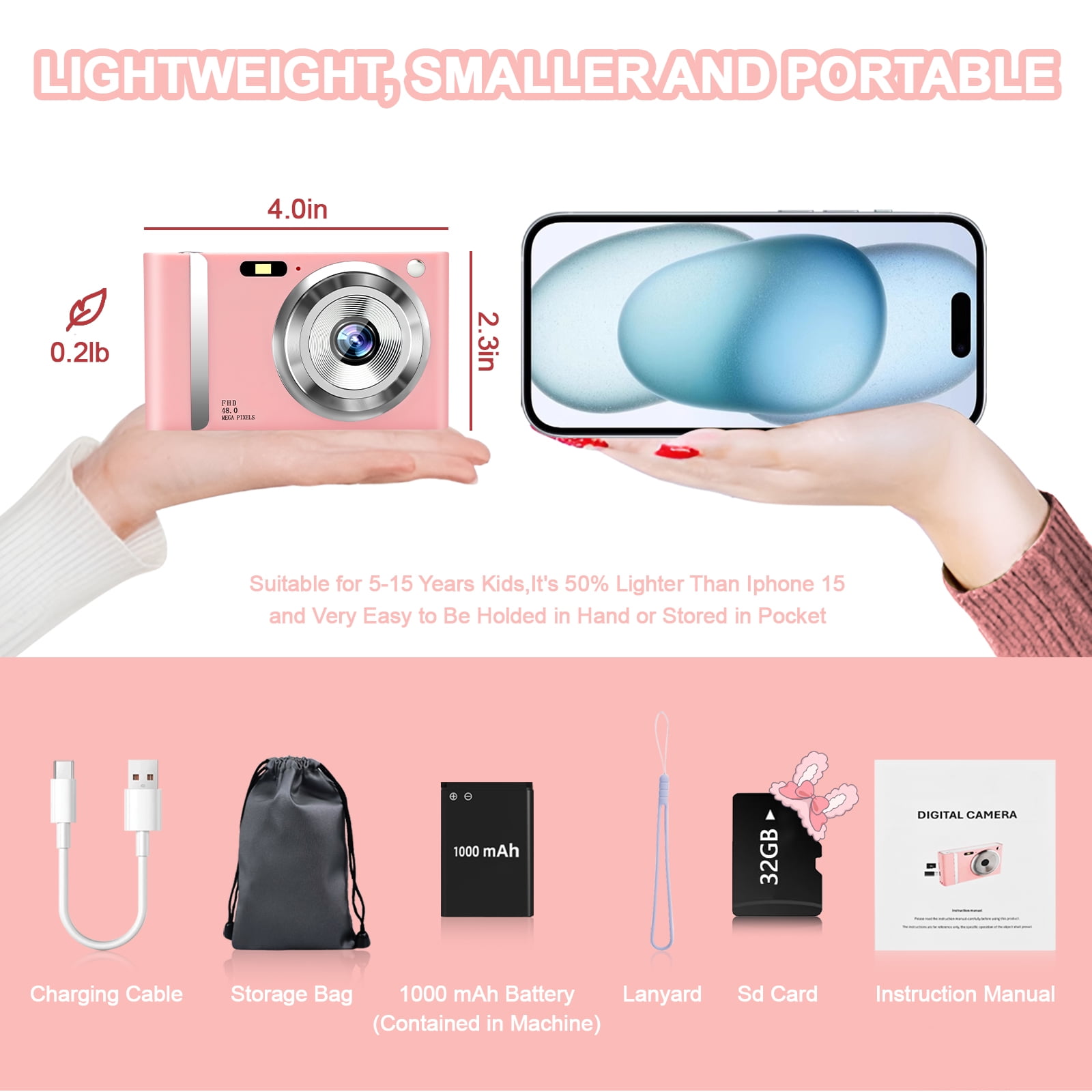 Jazeyeah 48 MP FHD 1080P Point & Shoot Digital Camera with 16x Zoom, Built-in Flash, 2.4-inch LCD, 32GB Card, Pink, 1