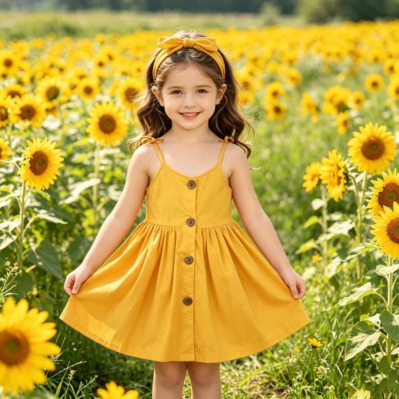 Tfken Soft Dresses Girls Comfy Holiday Travel Girls Dresses Casual Solid Color Sleeveless Button Fashion Children Cute Clothes Size 2-3 Years