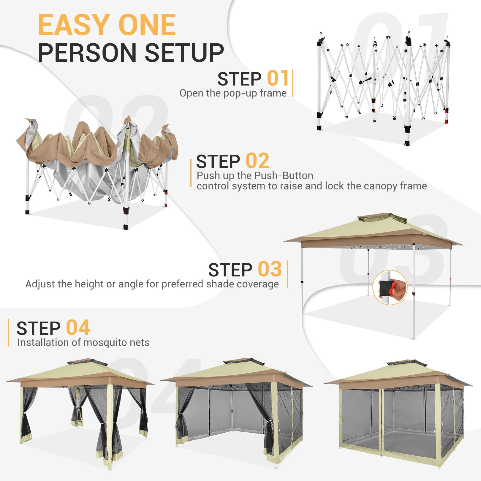 COBIZI 12x12 Outdoor Gazebo Pop Up Gazebo Canopy with Mosquito Netting Patio Tent Backyard Canopy with 2-Tiered Vented Top 3 Adjustable Height, Beige