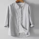 thumbnail image 1 of Blusa y camisa de manga larga con cuello alto para hombre, informal, de imitación y lino, color liso, con solapa, manga larga, botones finos, blusa de poliéster para hombre, 1 of 3