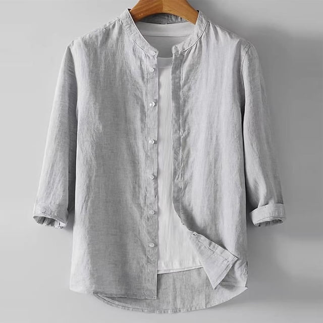 Blusa y camisa de manga larga con cuello alto para hombre, informal, de imitación y lino, color liso, con solapa, manga larga, botones finos, blusa de poliéster para hombre