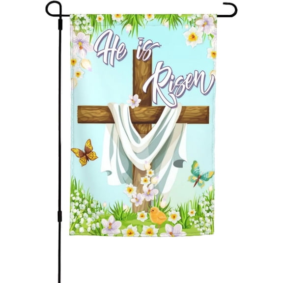 Easter He Is Risen Cross Spring Garden Flag Welcome Outdoor Yard Decor 12 x 18 Inch