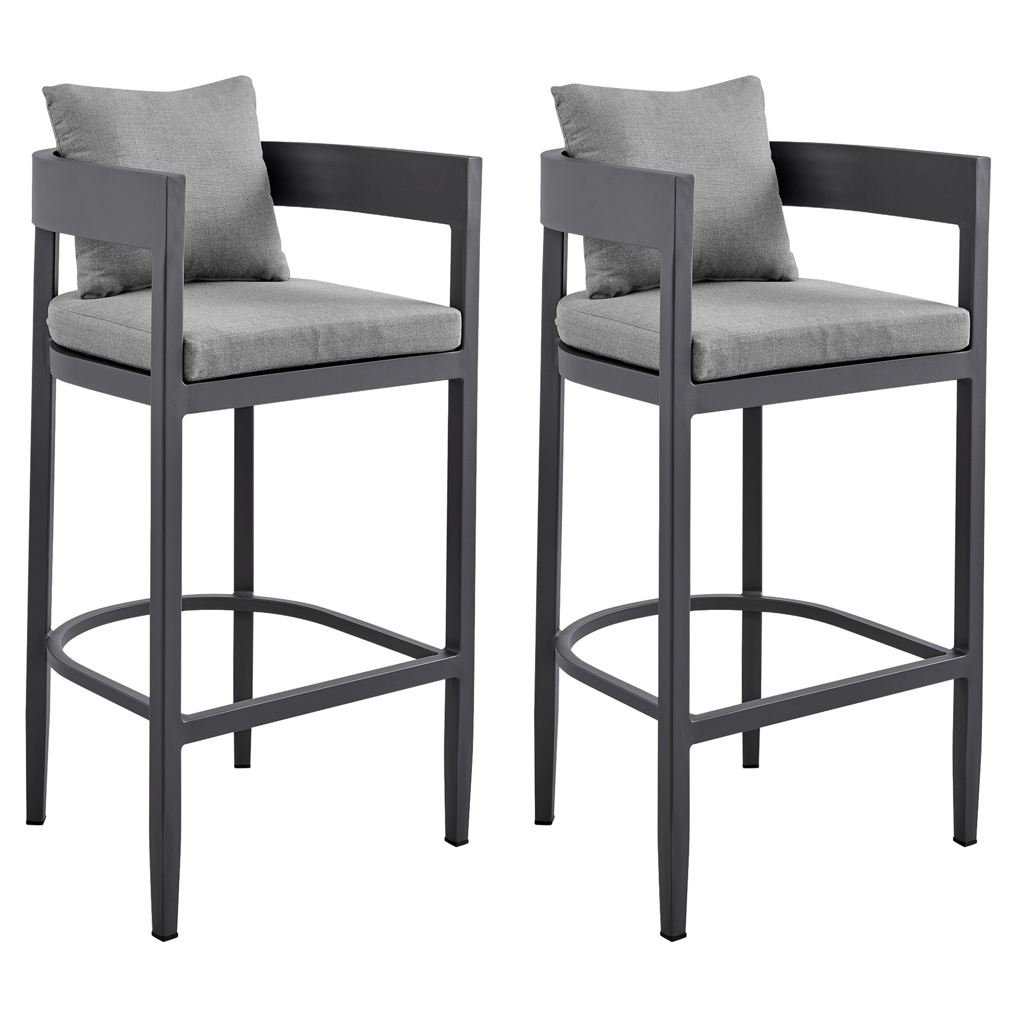 Menorca Outdoor Patio Counter Height Bar Stool in Aluminum with Gray Cushions - Set of 2