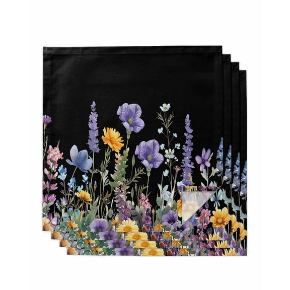 Spring Floral Cloth Napkins Set of 4, Summer Botanical Elegant Black Washable Reusable Dinner Cocktail Napkin for Kitchen Party Wedding Banquet Holiday Baby Shower Table Decor