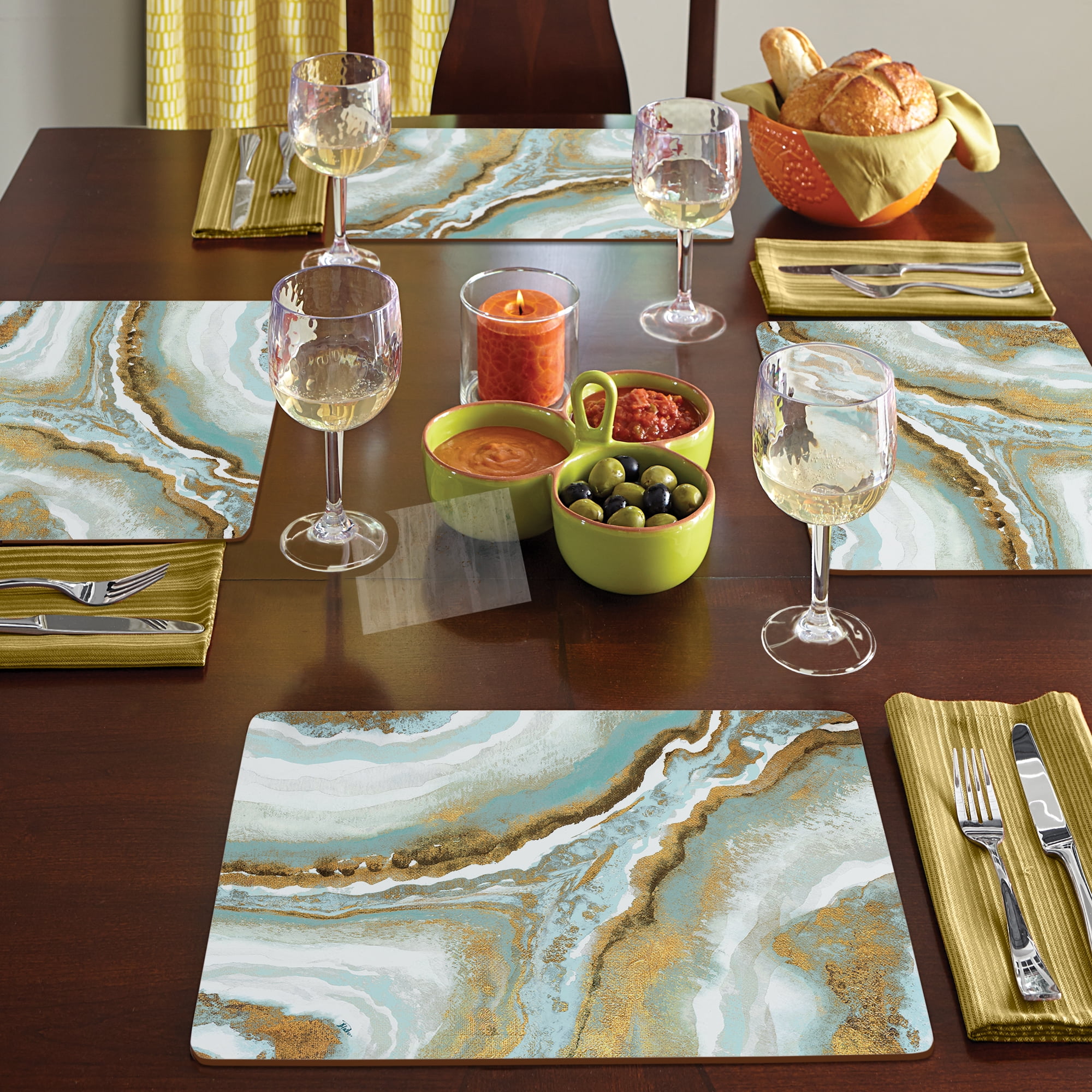 Cala Home "Teal Agate" Premium Decorative Hardboard Cork Back Tabletop Placemats 4 Pack