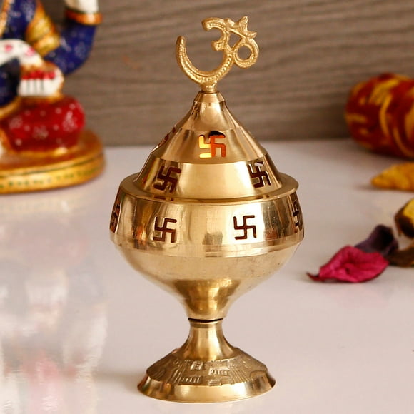 Golden Om & Swastik Symbol Decorative Brass Diya - Auspicious Designer Akhand Diya For Puja Room, Home, Office, Temple Decor