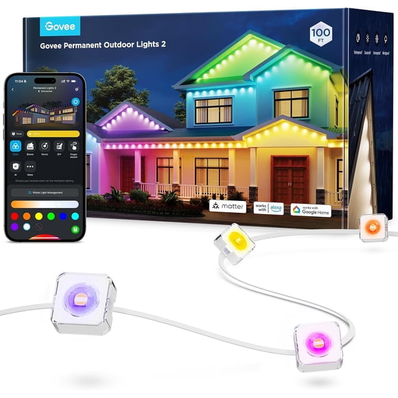 Govee Permanent Outdoor Lights 2, 100ft RGBIC Smart Outdoor String Lights with 72 LEDs, IP67 Waterproof, 100+ Scene Modes, Alexa & Google Assistant Compatible, White Finish