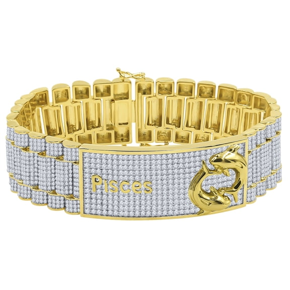 Designice Mens Zodiac Sign Astrology Horoscope Pisces Fish 14K Gold Finish Simulated Diamond Bracelet 8.5''