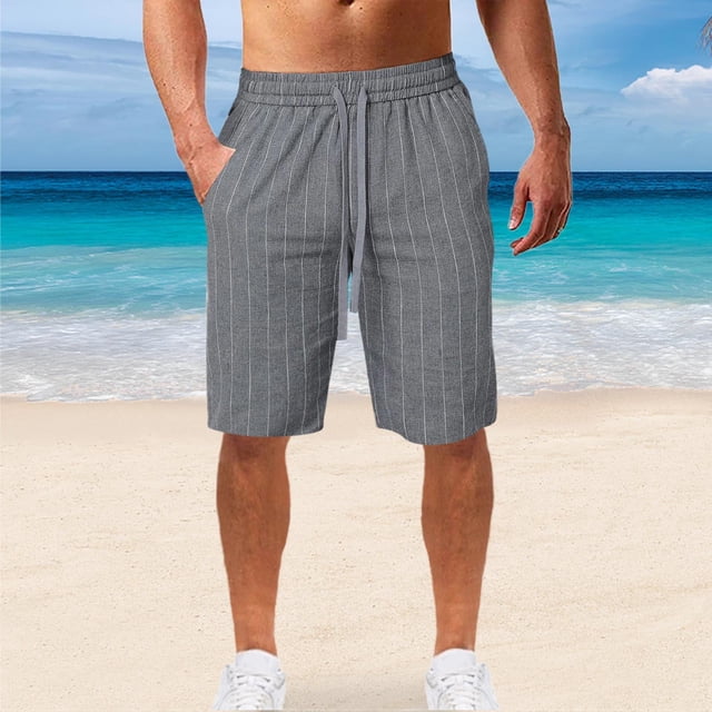 Styesk Shorts Homme Décontractés avec Poches en Coton-Lin Rayé et Cordon de Serrage
