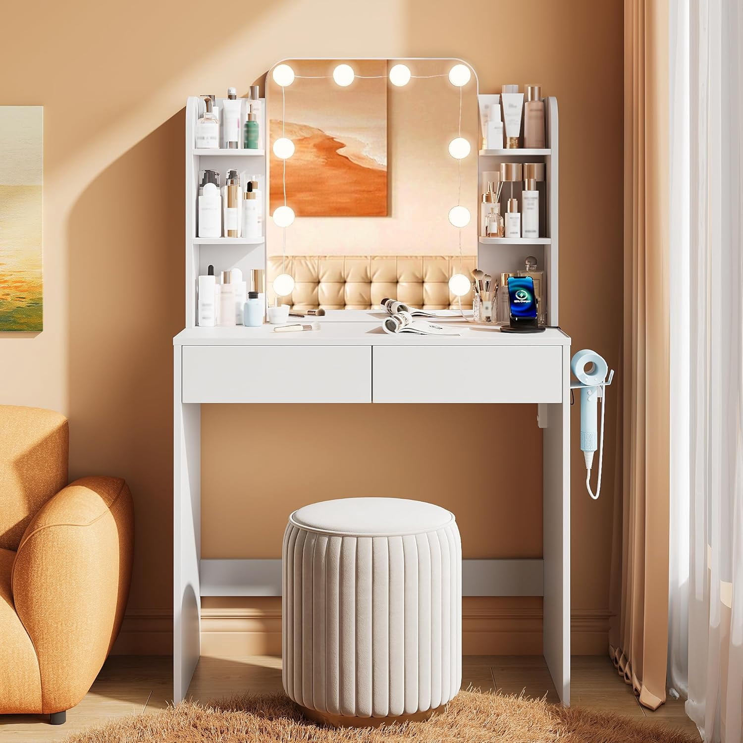 White Small Vanity Desk with Lighted Mirror and Power Outlet, Pipleo 31.5" Makeup Table with 2 Drawers & 6 Storage Shelves, Women Girls Vanity for Small Space, Easy Assembly
