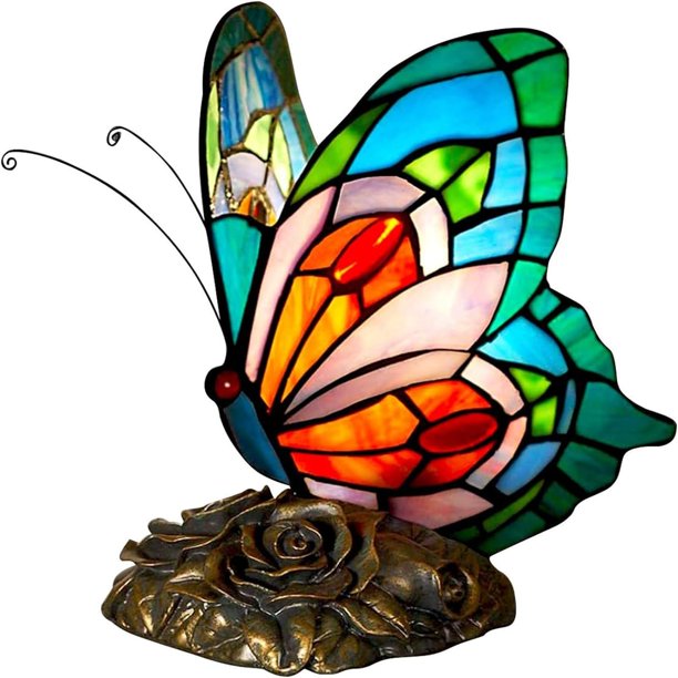 Lámpara de mesita de noche LED Tiffany Blue Fairy Butterfly Mesita de noche Lámparas de mesa Pantalla de vidrieras Interruptor de encendido y apagado Lámpara de escritorio de oficina en casa