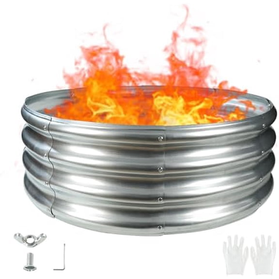 32 Inches Diameter Camp Fire Ring Pit, Large Round Galvanized Steel Fire Pit, Heavy Duty Steel Fire Pit Silver for Backyard, Camping, Bonfire (2.67x2.67x1FT)