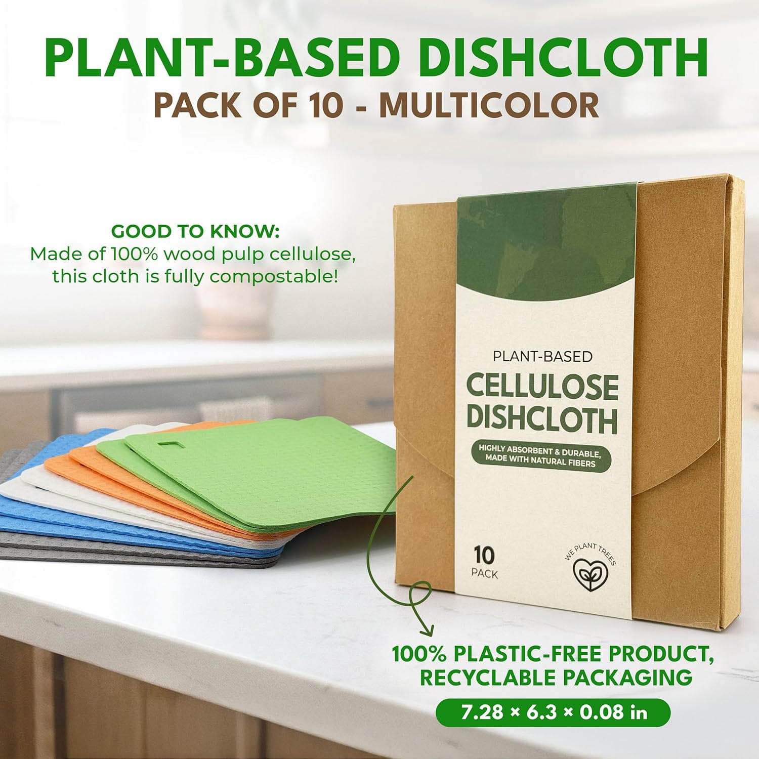 Cellulose Swedish Dishcloths for Kitchen - Reusable Dish Towels & Cloths - Super Absorbent, Odor Resistant and Fast Drying Wash Cloths for Dishes & Surfaces