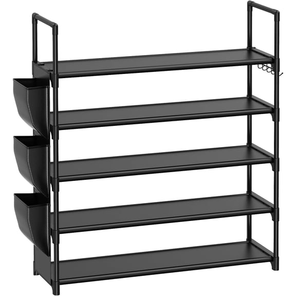 Jonster 5 Tier Metal Shoe Rack with Side Storage Pockets and Hooks, Freestanding Stackable Shoe Organizer Holds 20-25 Pairs for Entryway Closet Bedroom Garage