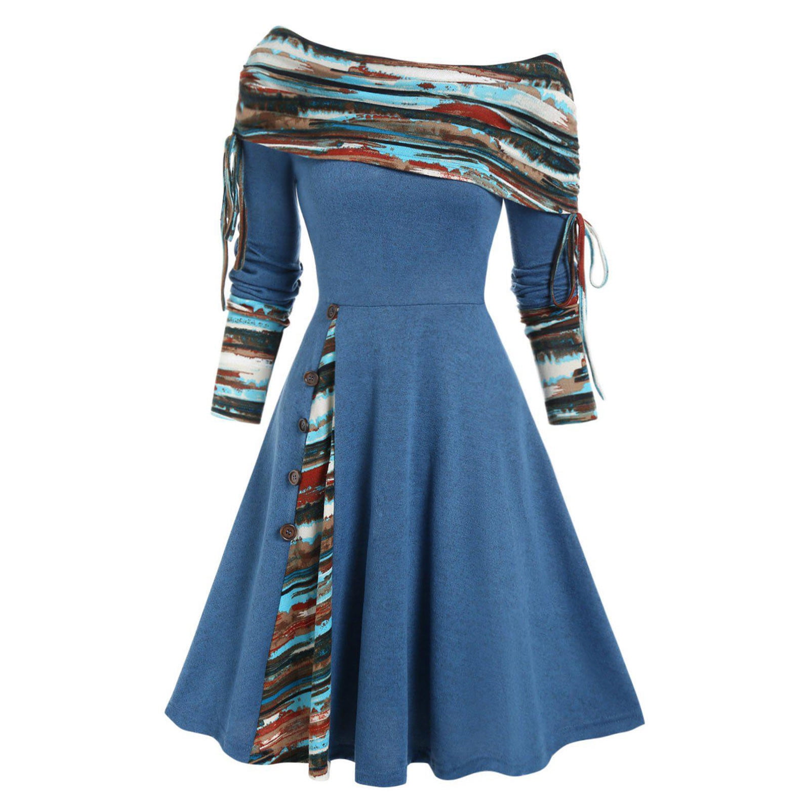XFLWAM Women's Fall Dresses 2022 Convertible Neck Cinched Striped Flare