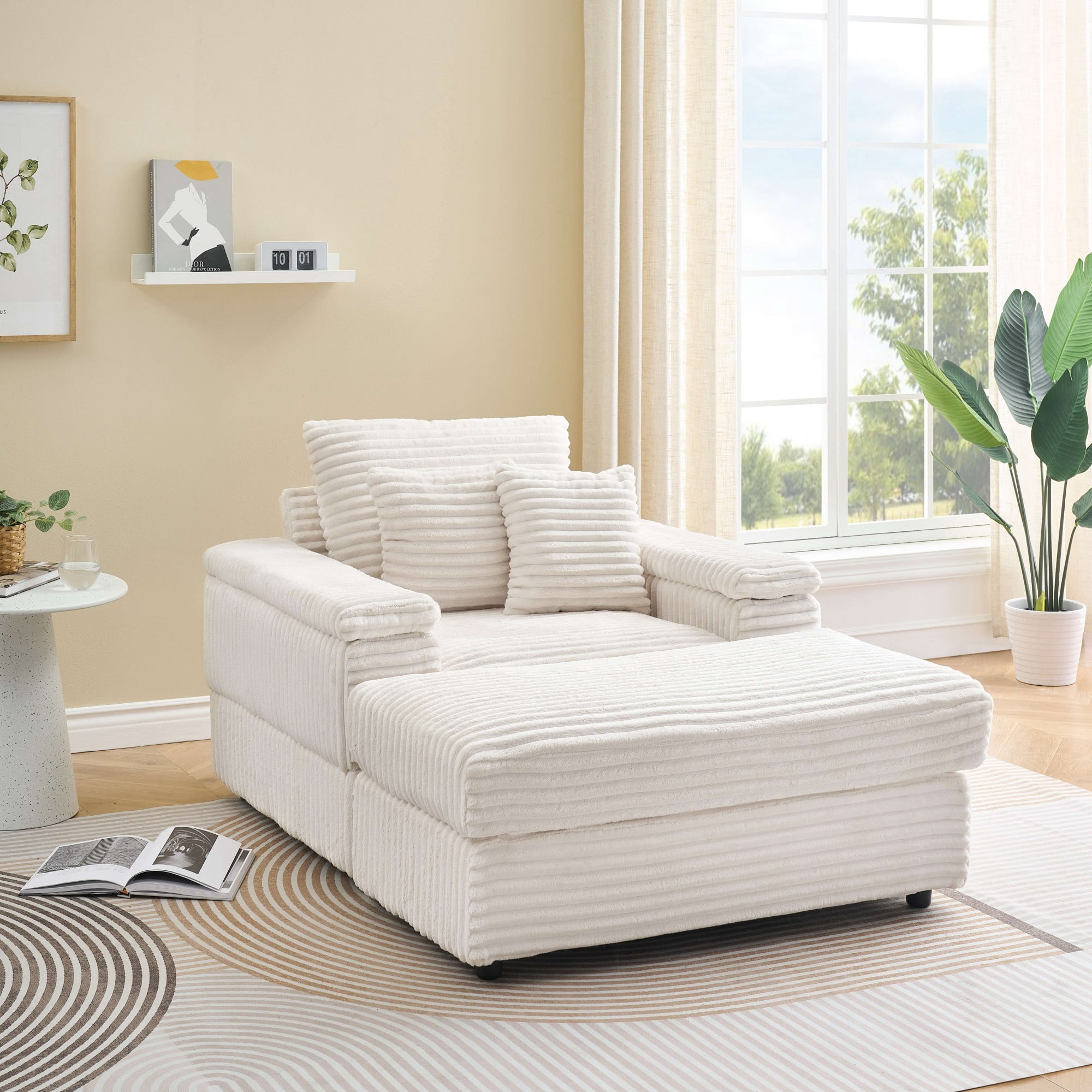 Chaise Lounge Chair Indoor,Upholstered Sofa Bed with Throw Pillows,Sleeper Chair for Living Room,Bedroom,White