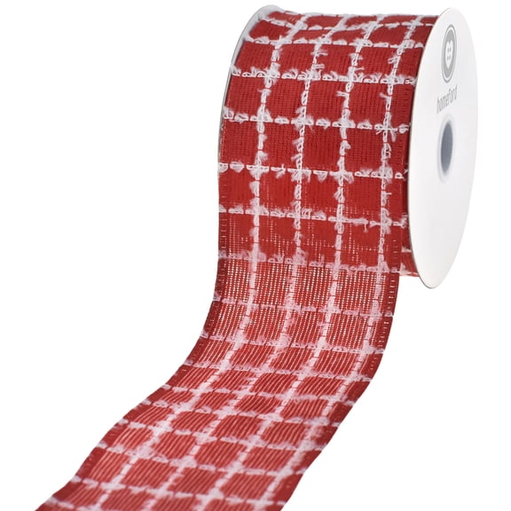 HOMEFORD Christmas Fuzzy Checkered Plaid Faux Linen Wired Ribbon, 2-1/2-inch, 10-yard, Red
