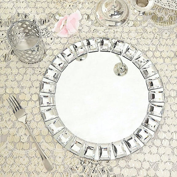 BalsaCircle 2 Silver 13" Acrylic Round Glass Diamond Rimmed Charger Plates