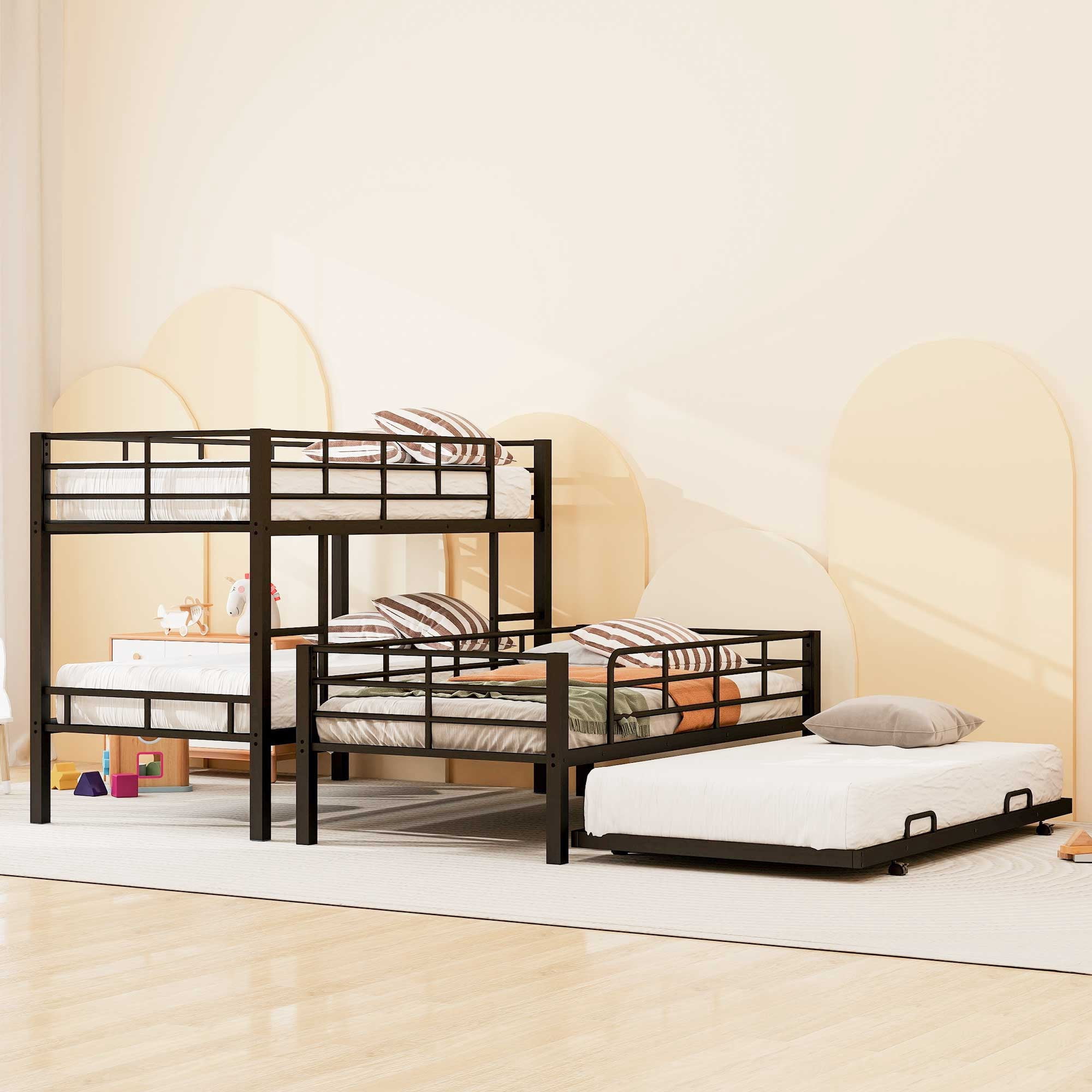 Euroco Metal Twin Triple Bunk Bed with Trundle, Convertible 4 Beds in One Bunk for Kids Teens, Black
