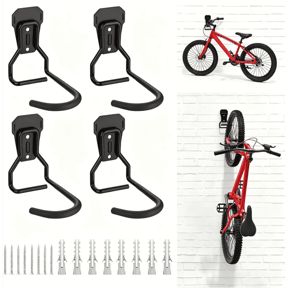 Bike Wall Mount with Fixed Hook, [4 Pack] Heavy Duty Bike Storage Rack, Bike Rack Vertical Stand for Garage - Easily Hang/Detach - with Screws Iron Bike Hanger Brackets
