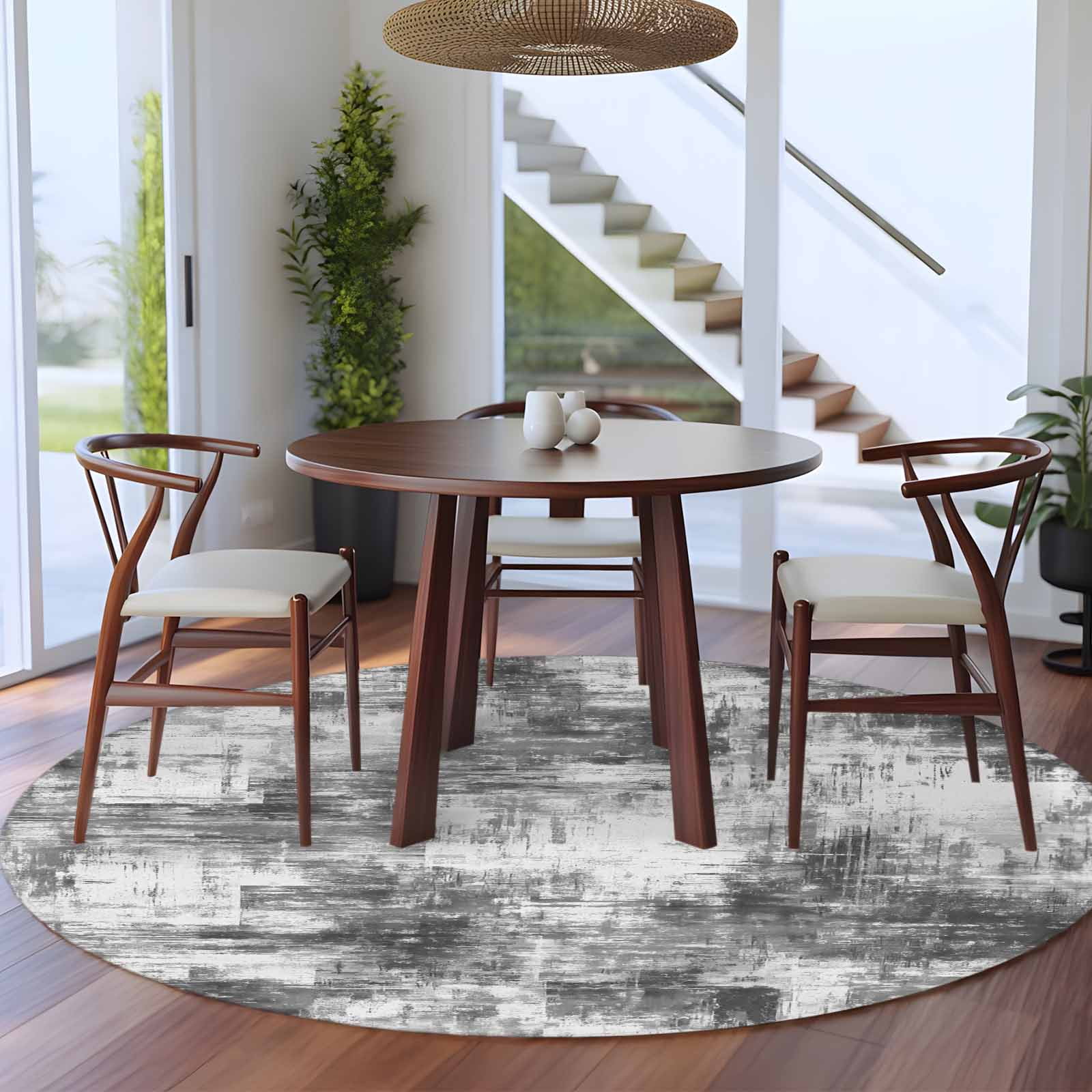 Round Area Rug 6 Ft, Black Grey Ombre Washable Non-Slip Circle Carpet for Living Room/Bedroom, Gradient Abstract Art Vintage Low-Profile Indoor Mats Collection Rugs for Residential
