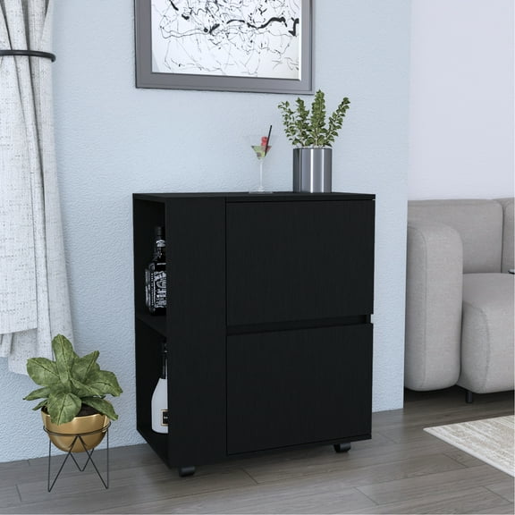 Modern Bar Cart In Black, Including Two Pull Door Cabinets And Open Shelves Cool Black With Shelf Spaces For Look