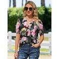 thumbnail image 3 of Nlife Women Hawaiian Shirt Puff Sleeve Top Floral Bow Tie Front V Neck Dressy Summer T-shirt, 3 of 8