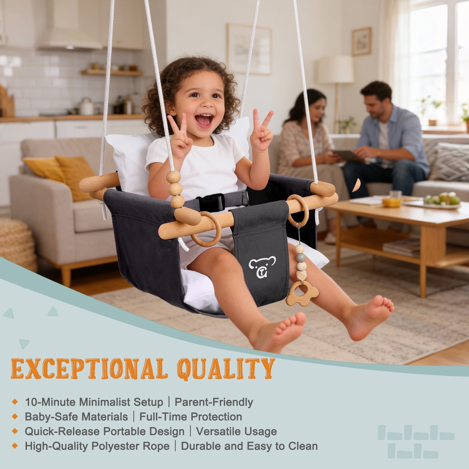 G TALECO GEAR Canvas Toddler Swing, Wooden Baby Swing Seat Chair with Safety Belt, Durable Hanging Swing Chair, Outdoor and Indoor Swing for Kids, Mounting Hardware Included, Gray