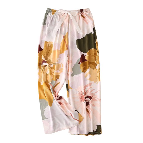 miqiqism Women's Comfy High Waist Elastic Pant Juniors Trendy Vintage Printed Pajama Pants Drawstring Palazzo Pajama Pants,White,Free Size