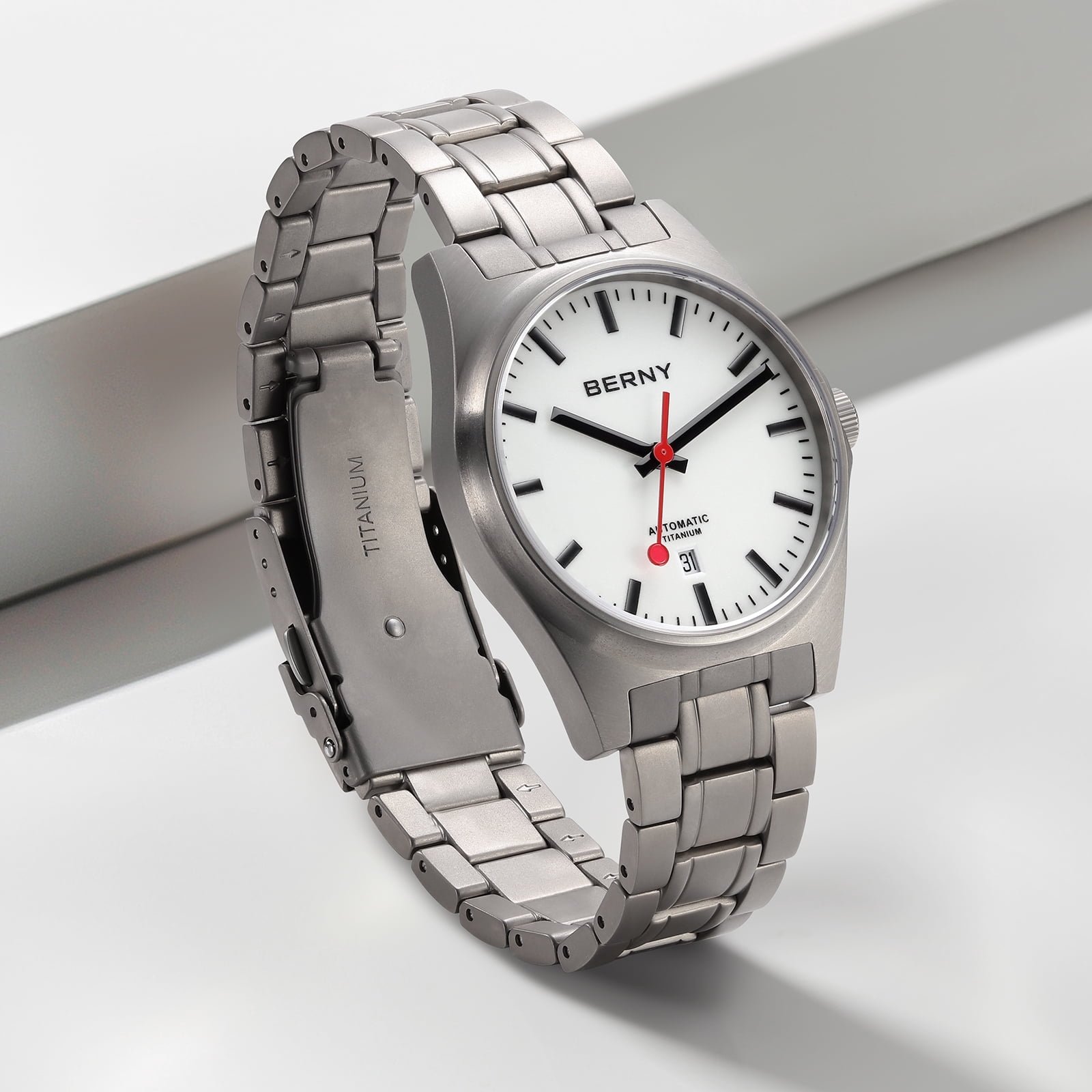 BERNY Automatic Titanium Watches for Men, Sport Casual 10ATM Waterproof Analog Mechanical Watch with Date, Super Luminous, Sapphire Crystal, Fashion Minimalist Men's Wrist Watch (White)