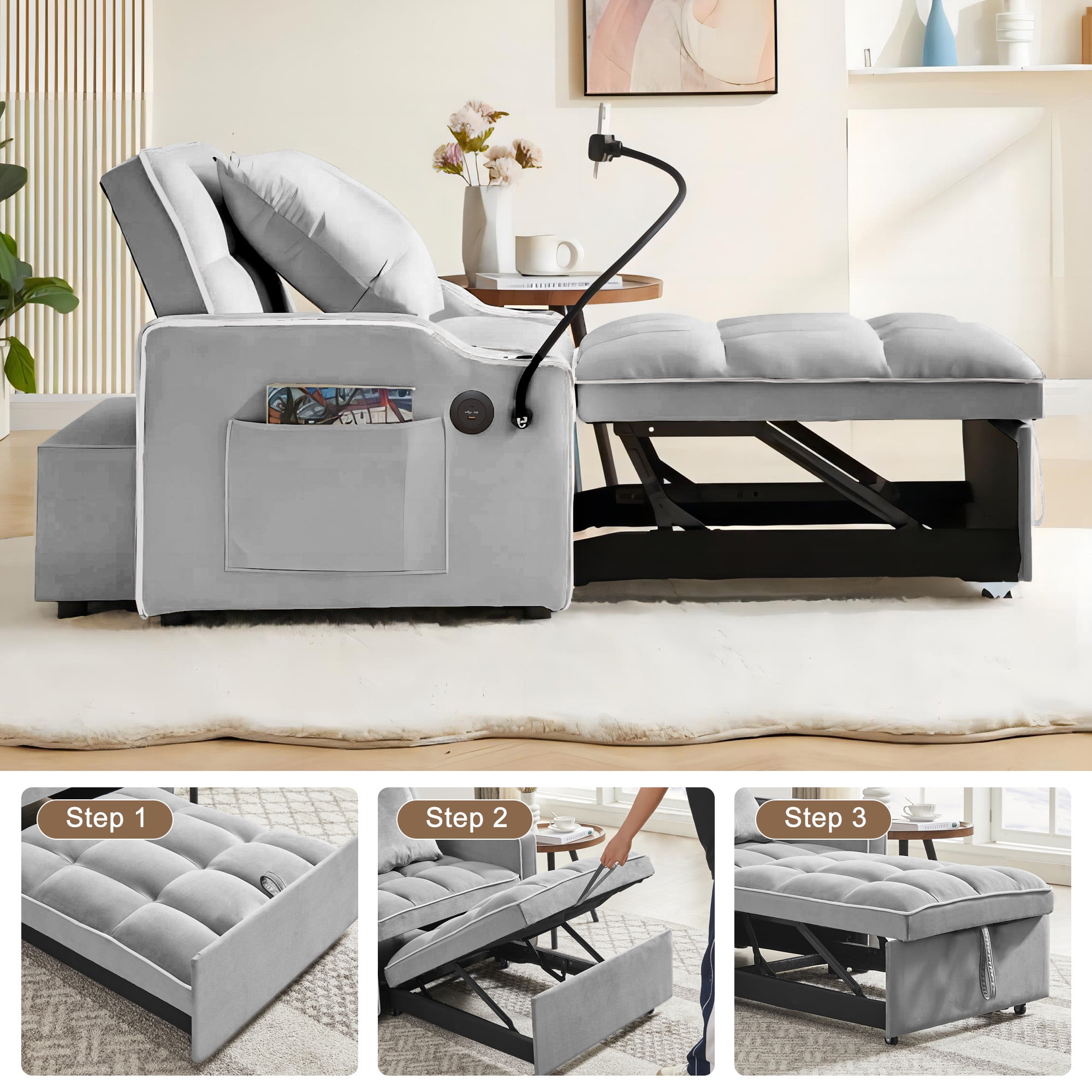 Aukfa Sleeper Chair Bed, Convertible Pull Out Sofa Bed with USB Port, Cup Holders and Swivel Phone Holder, Gray