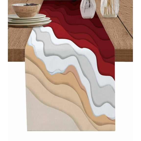 ERUNPONLY Red Coastal Beach Table Runner - 90 Inch Long Farmhouse Abstract Ocean Waves Striped Cotton and Linen Blended Dress Scarves Farmhouse Table Runner for Kitchen Dining, Coffee Table, 13"x90"