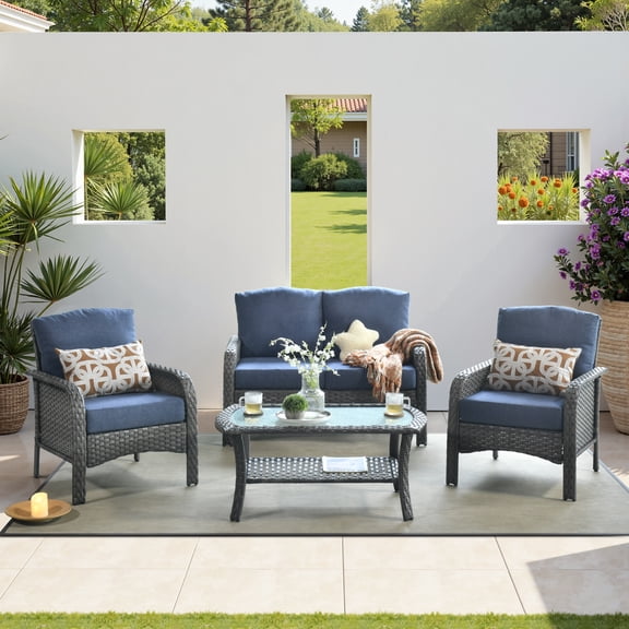 OLINOA 4 Piece Outdoor Patio Furniture Set, All-Weather Rattan Wicker Loveseat, 2 Armchairs & 2-Tier Glass Coffee Table Set with Cushions for Patio, Garden, Porch, Denim Blue