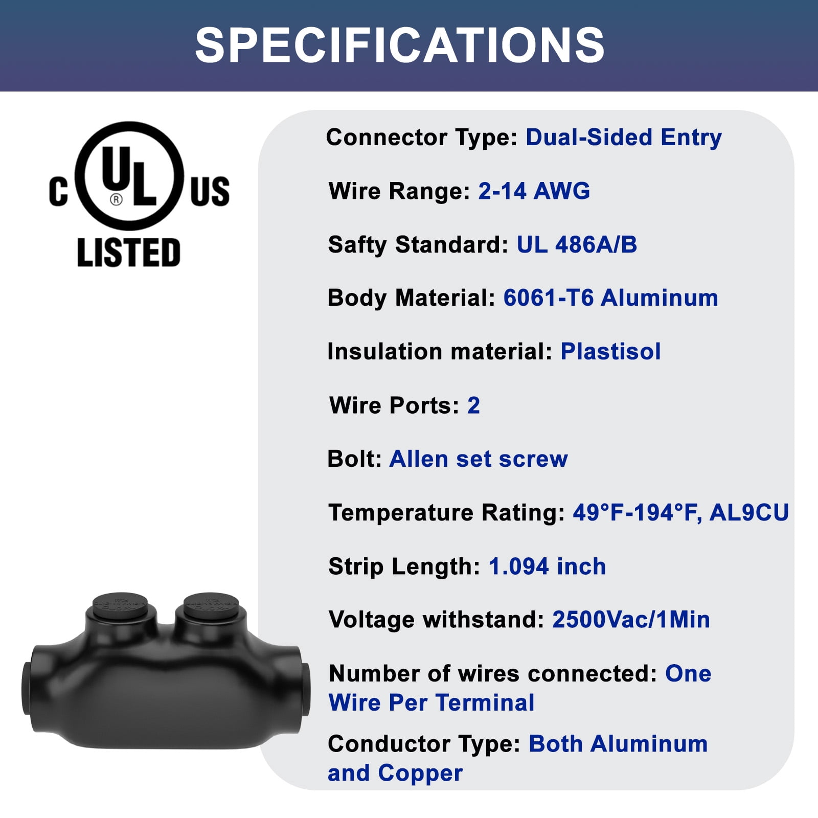 2 Port Insulated Wire Connectors Black Splice Connector 2-14 AWG Multi Cable Connector Soldering Lugs Double Side Entry Cable Splicers with Oxide Inhibitor, UL Listed- 5 Pcs