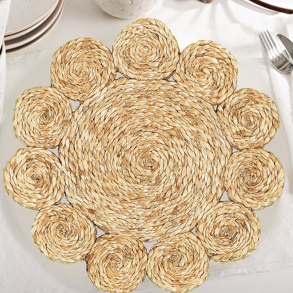 LR Home Natural Jute 15 inch Reversible Round Flower Shape Placemats