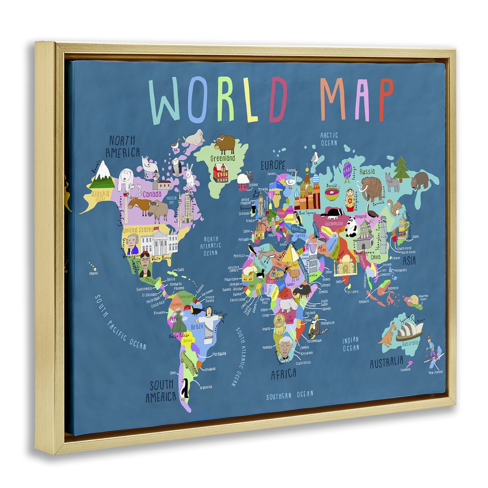 Stupell Industries World Map with Landmarks Education Painting Gold Floater Framed Canvas Art Print Wall Art, 21 x 17