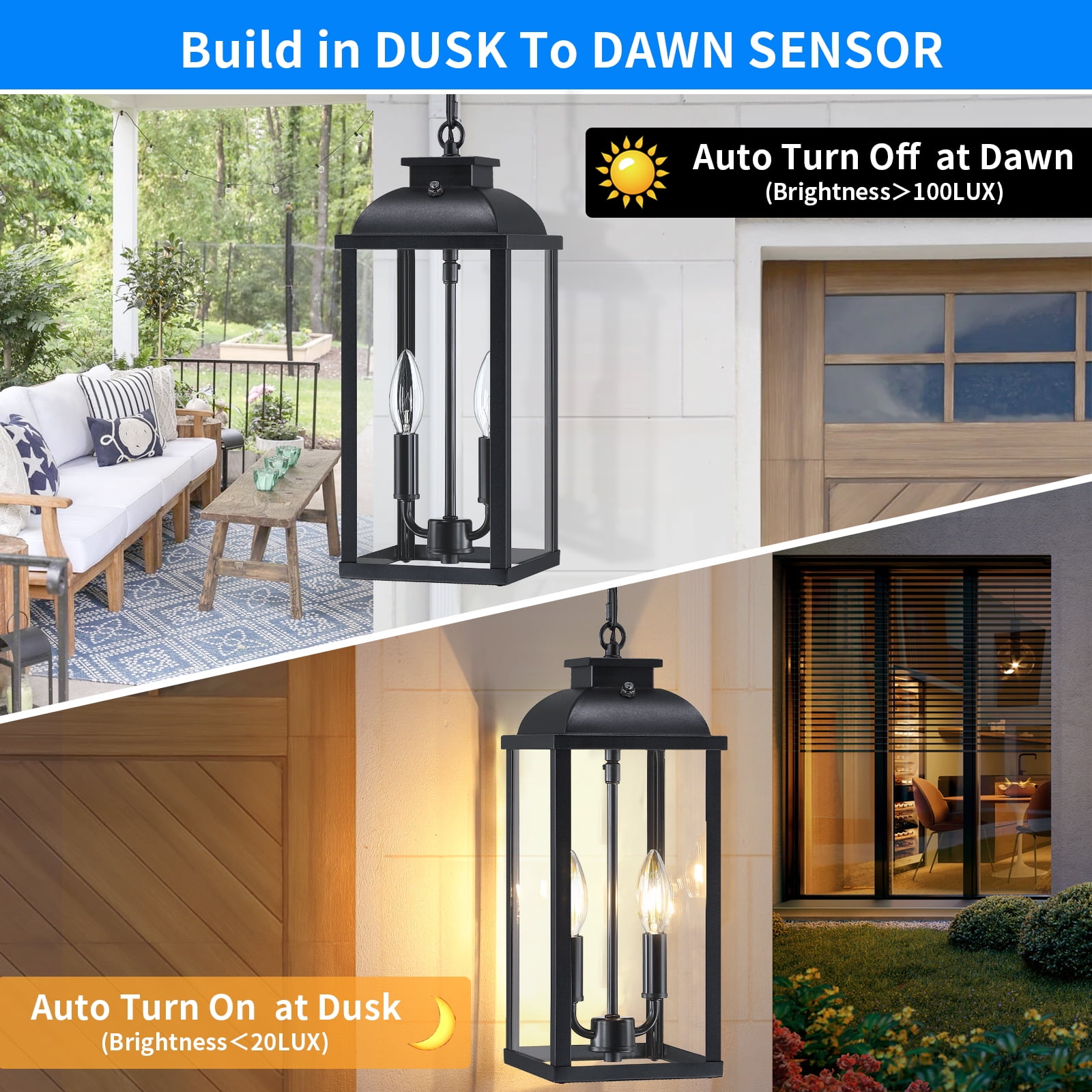 Large Outdoor Pendant Light 2-Light, 15.8" Dusk to Dawn Exterior Hanging Lights Fixture with Clear Glass, Modern Black Outdoor Chandelier for Gazebo Porch Patio Front Door