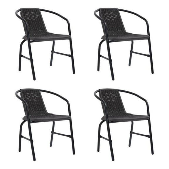 Outdoor Patio Chair Set of 4- Stackable- Plastic Rattan- Metal- Black