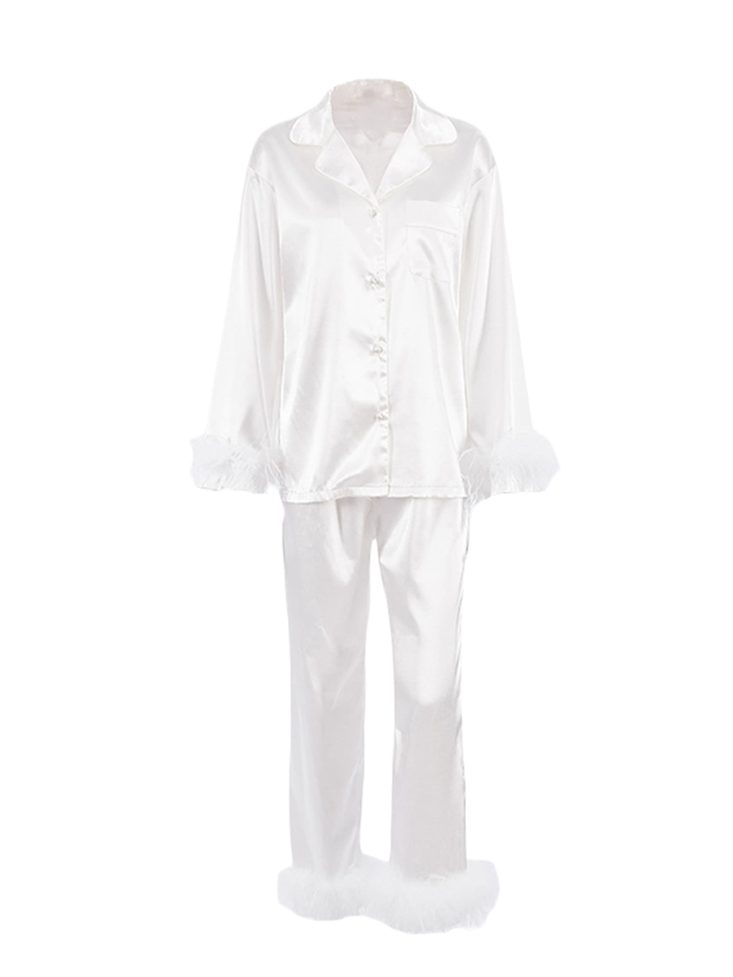 Ociviesr Womens Silk Satin Pajamas Set Two-Piece Sleepwear Loungewear Button-Down Sets Pajama Set for Women Long Sleeve White Long Sleeve Pant Set