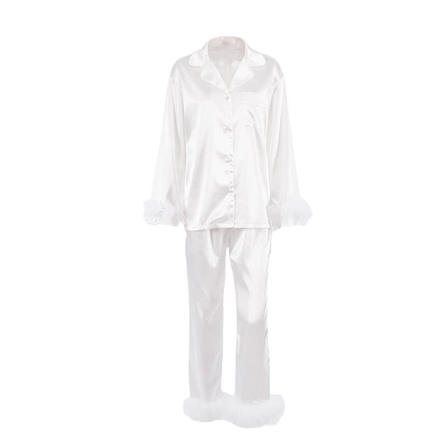 Kmbangi Pyjama pour Femmes Décoration Plumes Manches Longues Col à Revers + Pantalon