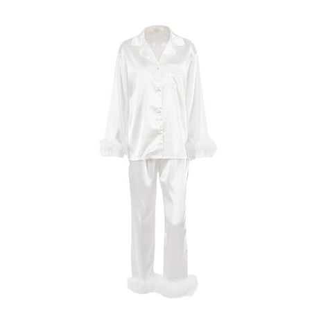 

Karuedoo Women Satin Silk Pajamas Set Feather Long Sleeve Lapel Button Down Tops+Long Pants Sleepwear Nightwear White L