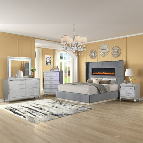 Lizelle Upholstery Queen 5 Pc Bedroom Set made with wood in Gray
