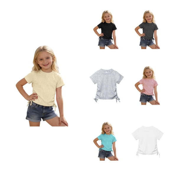 Girls Ribbed Short Sleeve T-Shirts, Side Crop Tops, Casual Knit Tees for Kids 2-13, Trendy Everyday Shirts for Daily Wear