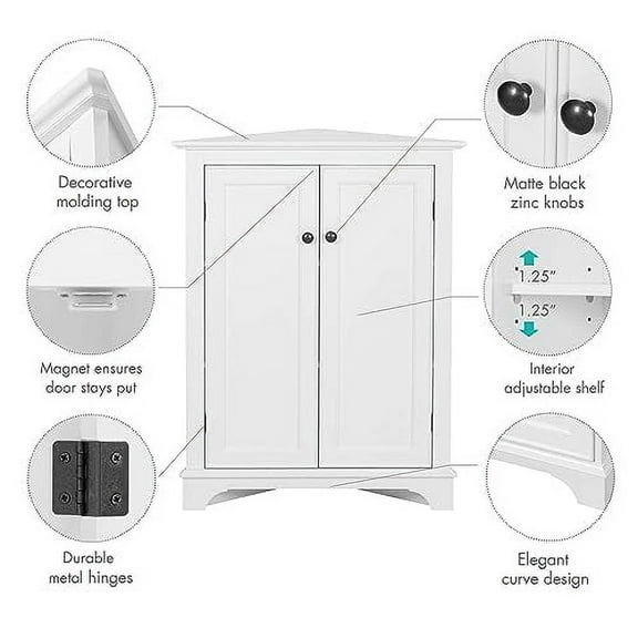 Spirich Floor Corner Cabinet with Doors and Shelves, Freestanding Bathroom Corner Storage Cabinet for Bathroom, Living Room, White
