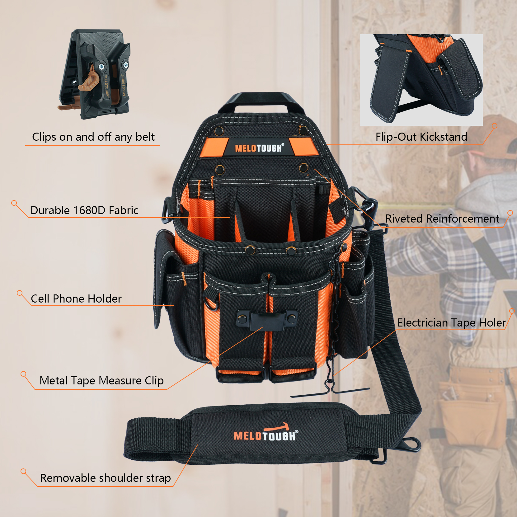 MELOTOUGH Electrician Tool Pouch Bag with Shoulder Strap Professional 15 Pockets Tool Pouch with Belt Clip Quickly Attach and Release Tool Bag
