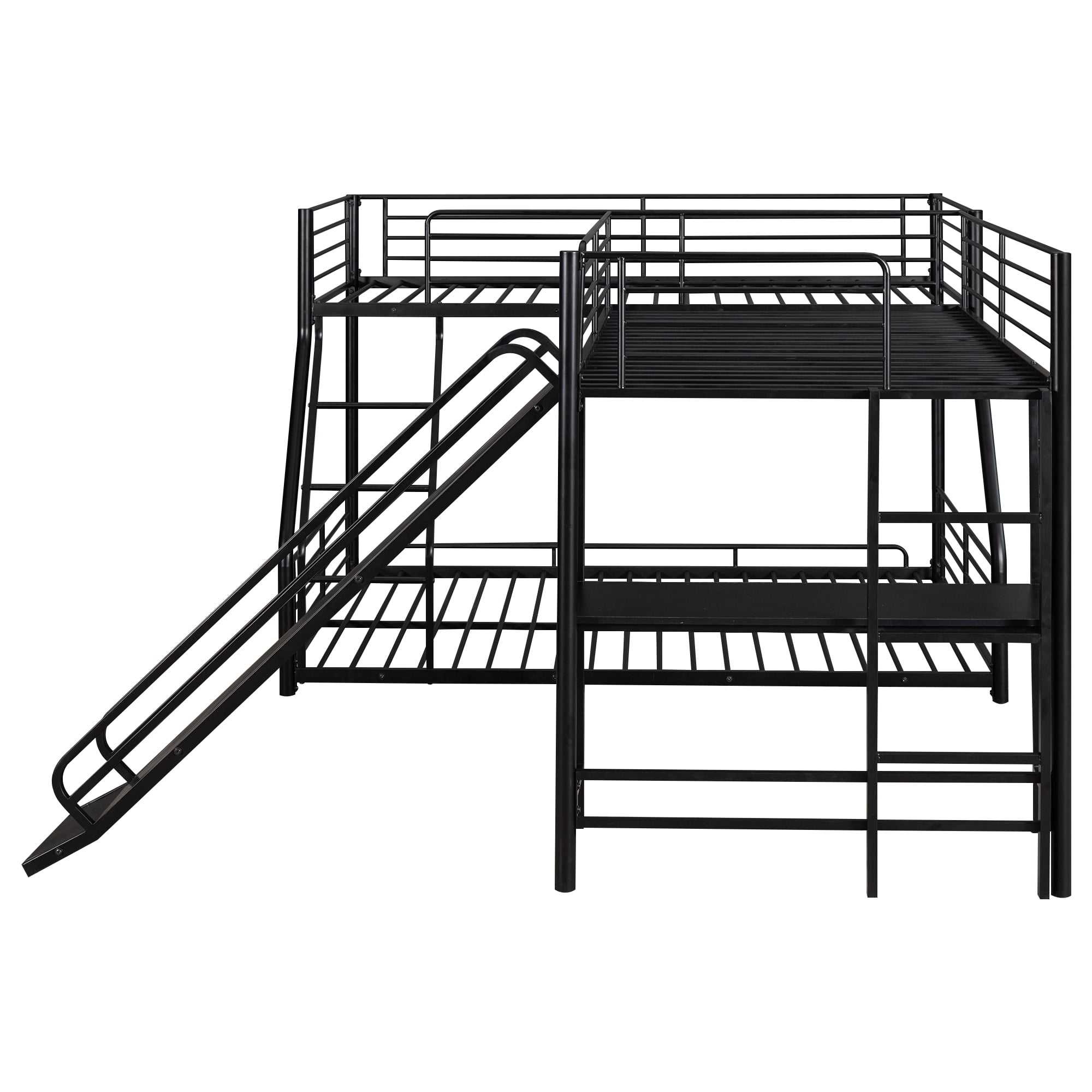 Aukfa Triple Bunk Bed with Desk and Slide, L-Shaped Metal Low Bunk Bed with a Twin Loft Bed for 3 Kids, Twin Over Full - Black