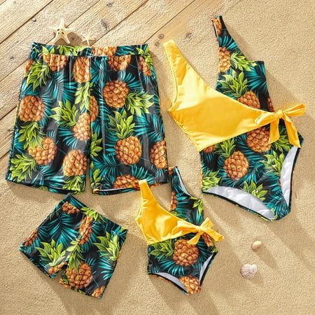 

PatPat Family Matching All Over Pineapple Print Swim Trunks Shorts and Self Tie Splicing Swimsuit One-Piece Sizes Baby-Kids-Adult