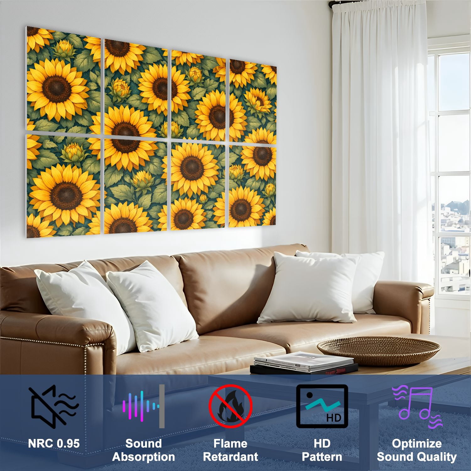 8 Pack Art Acoustic Panels Sunflower Seamless Yellow Blooms Dark Leaves Botanical Self Adhesive Absorbing Dampening Panels Self Adhesive for Nursery Game Room Bedroom 48"x32"